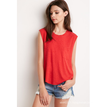 Women Raw Trim Armholes et Hemline Pocket Muscle T Shirt